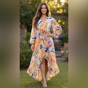 Fashion Nova Vibrant High Low Dress Balloon Sleeves Size L